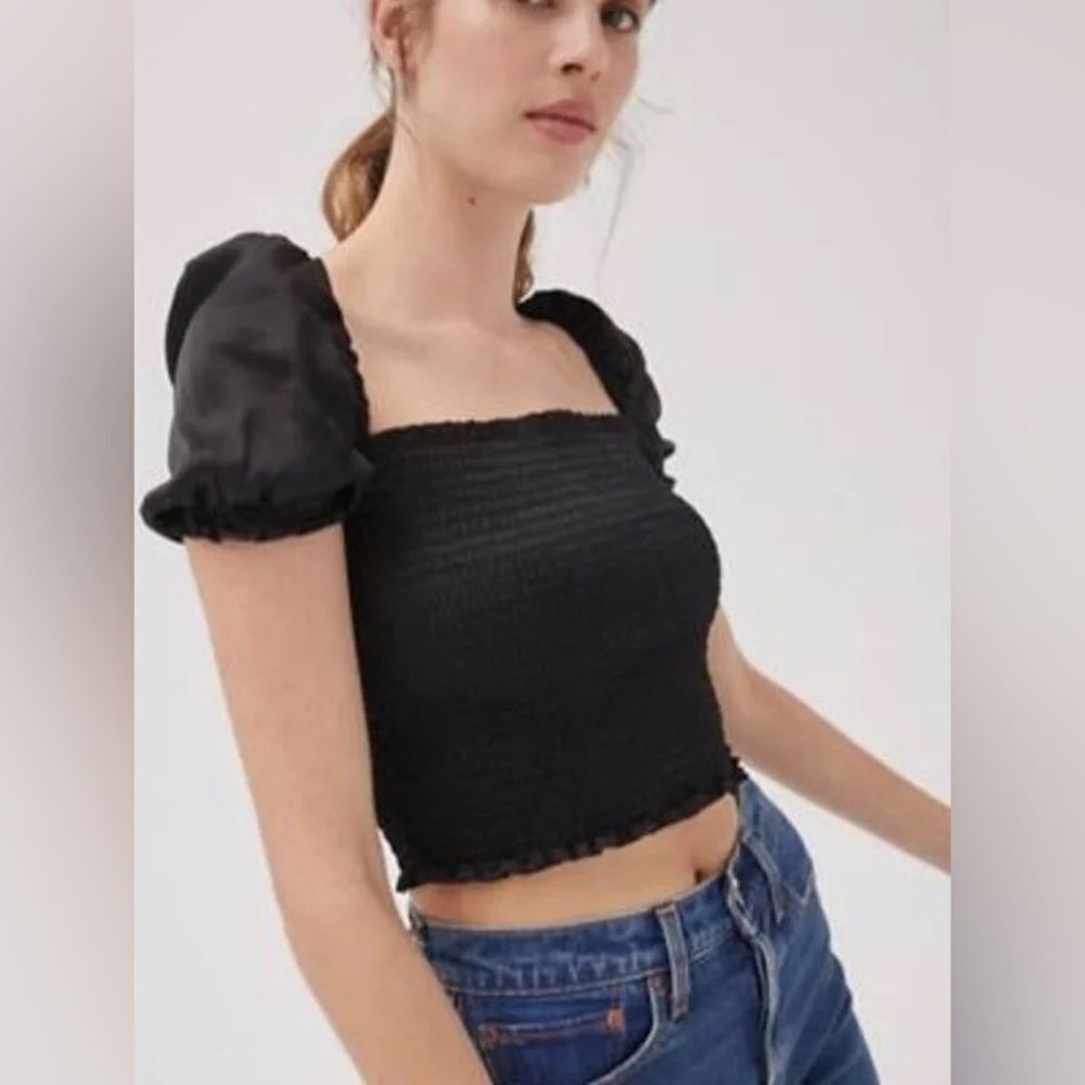 Urban Outfitters Sabrina Smocked Satin Puff Sleeve Crop Top